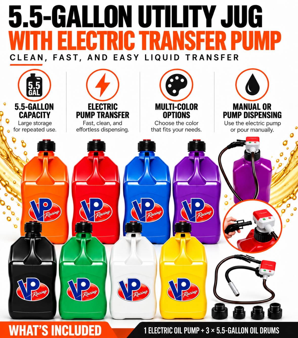 Gallon Fuel Container with Electric Pump, Heavy Duty HDPE Gas Jug for Racing, Farm & Outdoor Fuel Transfer