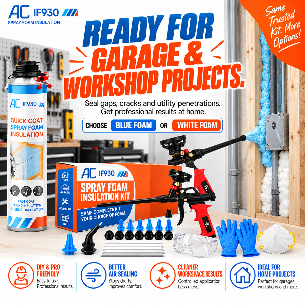 Quick Coat Expanding Spray Foam Insulation Kit, Choose Blue or White Foam, Precision Spray Gun Kit