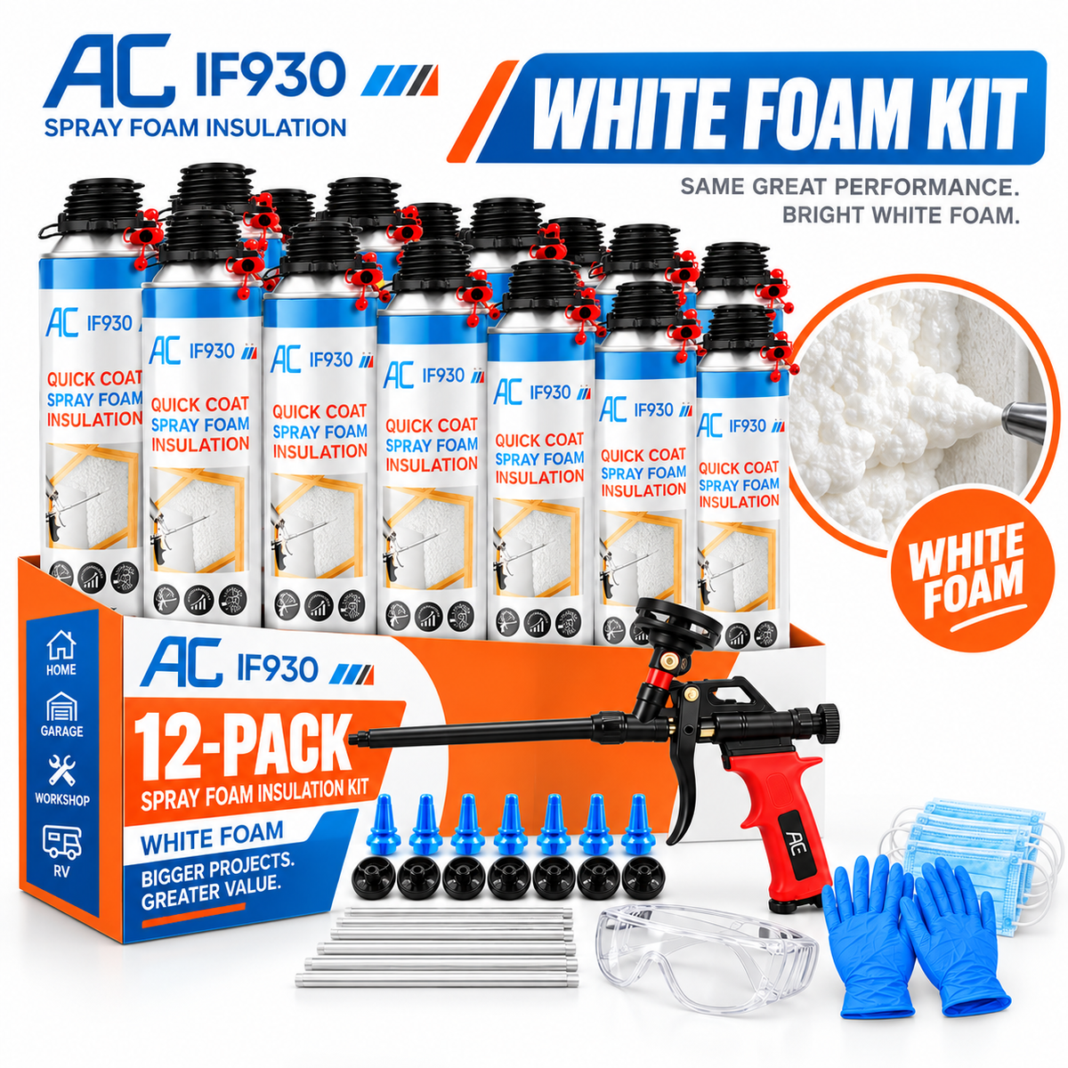 Quick Coat Expanding Spray Foam Insulation Kit, Choose Blue or White Foam, Precision Spray Gun Kit