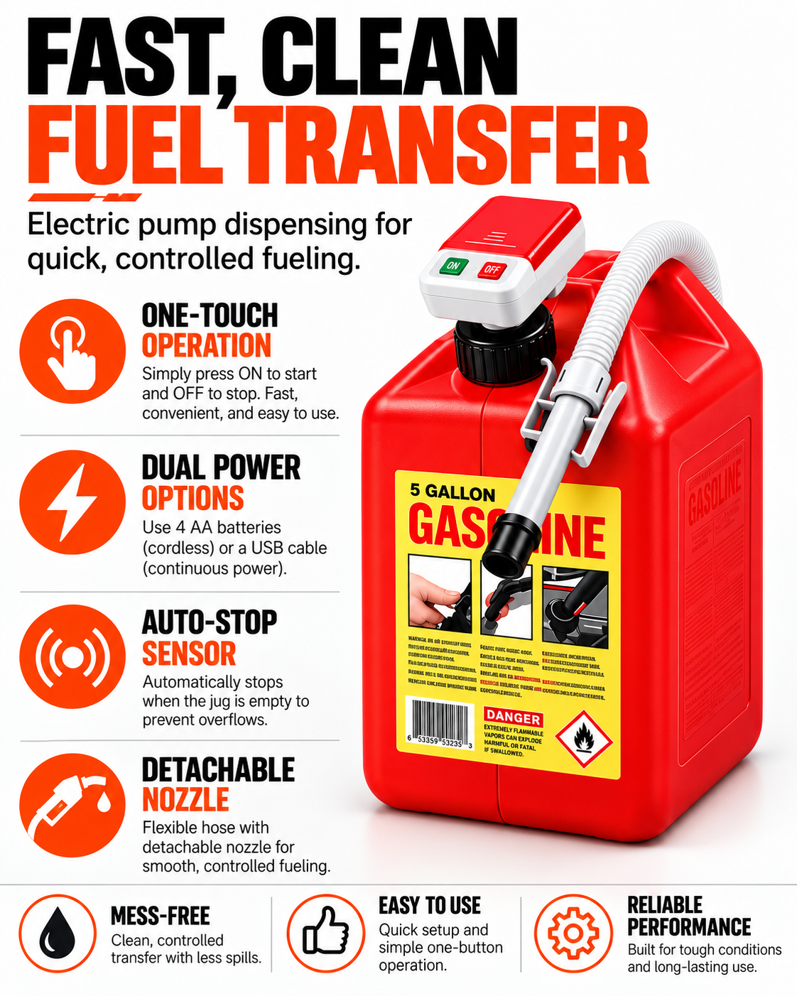Gallon Fuel Container with Electric Pump, Heavy Duty HDPE Gas Jug for Racing, Farm & Outdoor Fuel Transfer