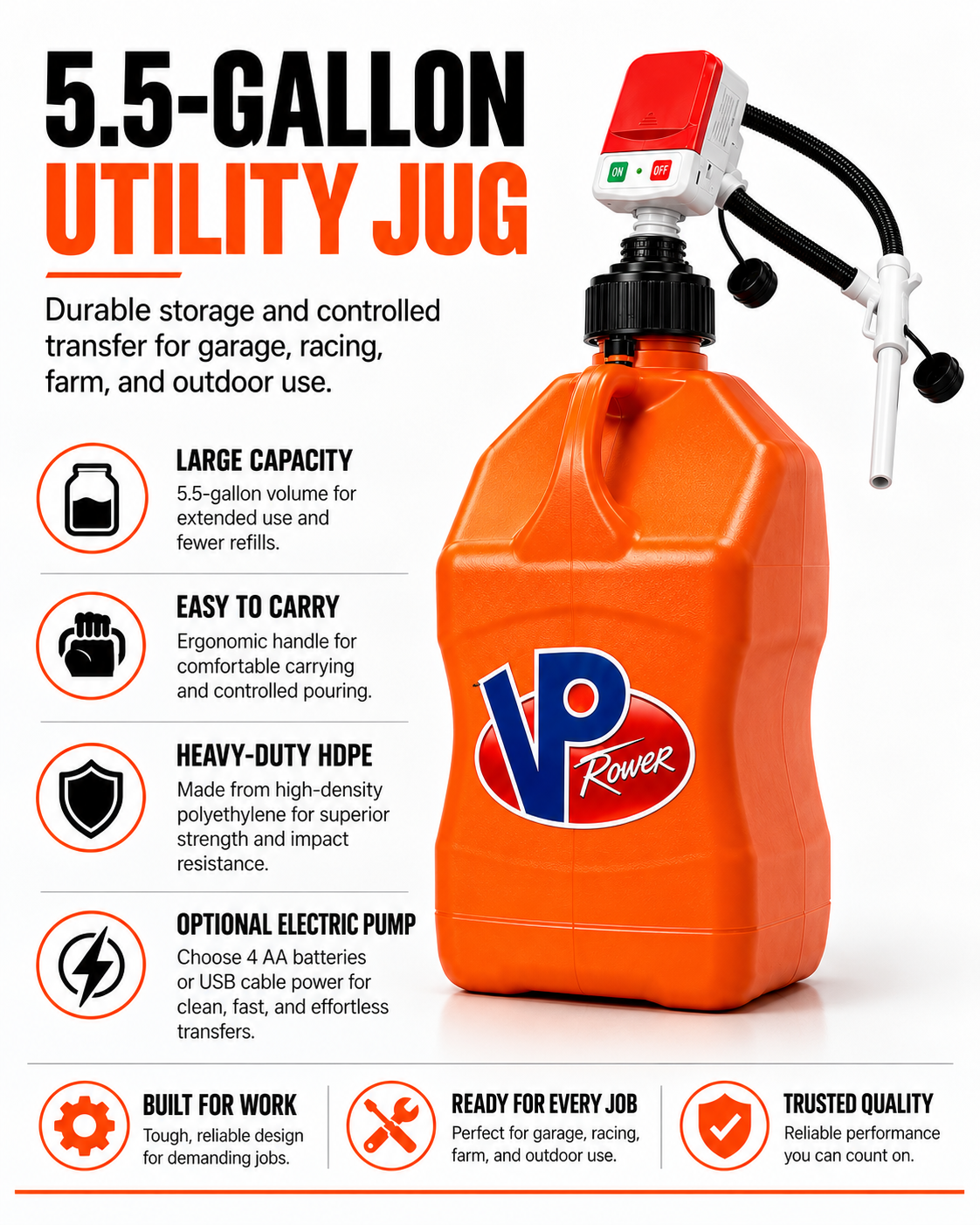 Gallon Fuel Container with Electric Pump, Heavy Duty HDPE Gas Jug for Racing, Farm & Outdoor Fuel Transfer