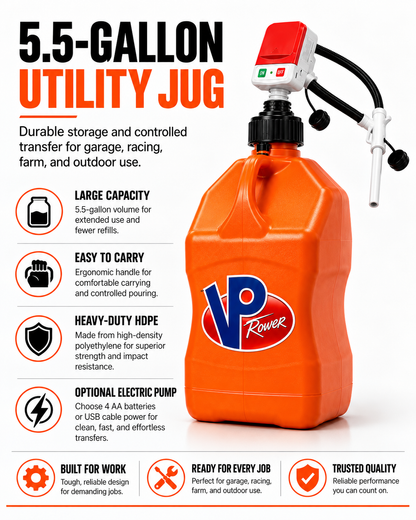 Gallon Fuel Container with Electric Pump, Heavy Duty HDPE Gas Jug for Racing, Farm & Outdoor Fuel Transfer