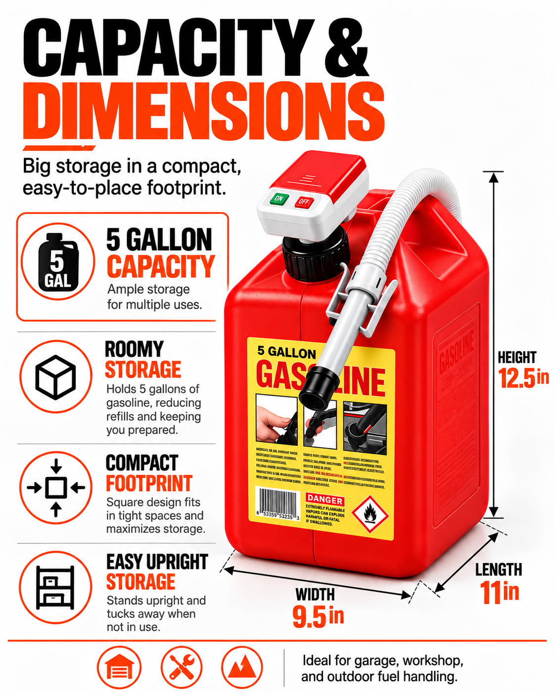 Gallon Fuel Container with Electric Pump, Heavy Duty HDPE Gas Jug for Racing, Farm & Outdoor Fuel Transfer