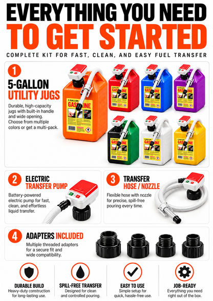 Gallon Fuel Container with Electric Pump, Heavy Duty HDPE Gas Jug for Racing, Farm & Outdoor Fuel Transfer