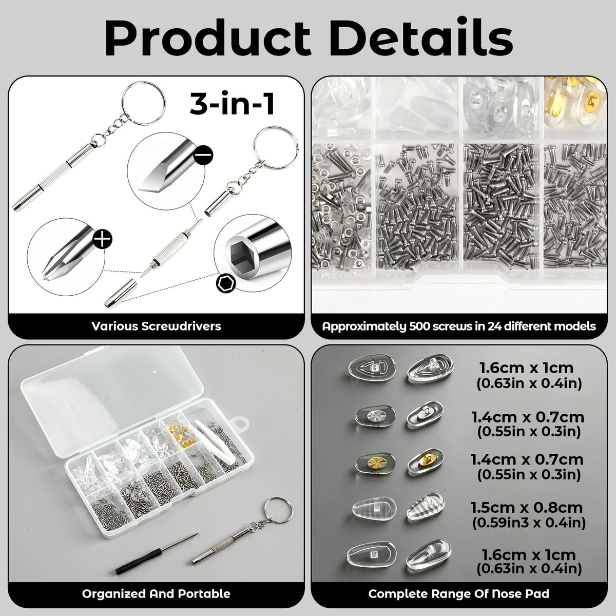 Complete Eyeglass Repair Kit with Anti-Slip Silicone Nose Pads